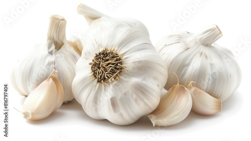 A crisp photo of garlic bulbs and cloves on a white background, highlighting their smooth, papery skins and pungent aroma