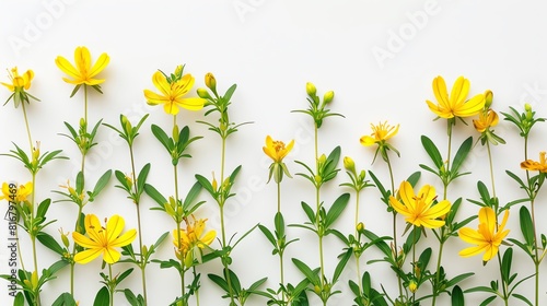 A detailed photograph of St. John's Wort flowers and leaves on a white background, capturing their bright yellow petals and green stems