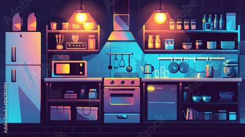 Night office kitchen interior modern background. The break room at work for lunch includes microwave  kettle  refrigerator and dishes. A glow bulb is mounted above the modern corporate canteen for
