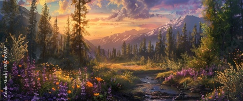 A Picturesque Landscape Painting Of An Alpine Forest  With Purple And Yellow Flowers Blooming In The Foreground 