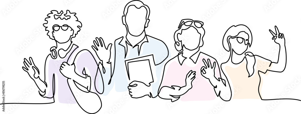 Group of people greeting Hands up. Continuous one line drawing. Group of people greeting Hands up. Continuous one line drawing.