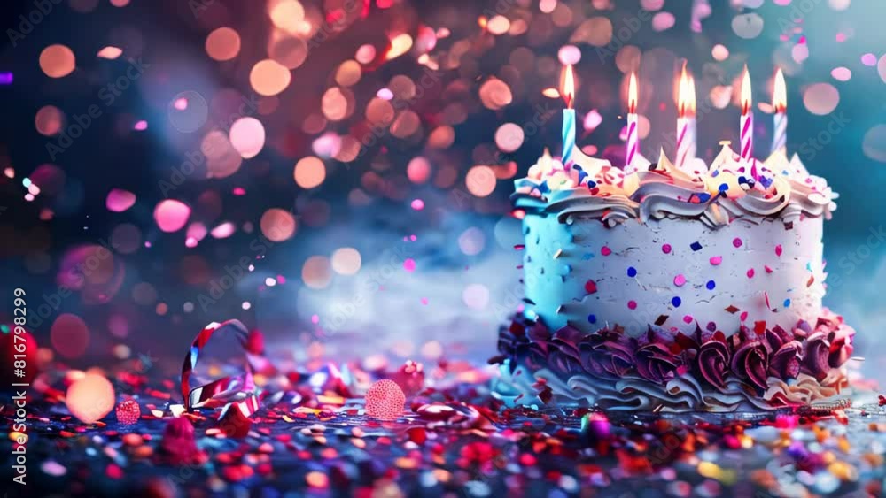 A birthday cake with candles on blurred background Stock Video | Adobe ...