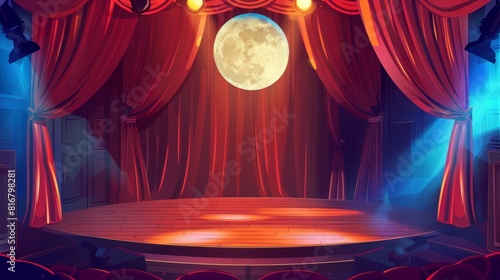 A theatre stage with red curtains, spotlights and a moonlit night. This is a theater interior with an empty wooden scene and luxury velvet drapes and decorations, a music hall, opera, drama cartoon