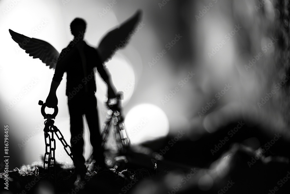 Fototapeta premium A statue of an angel holding a chain. Ideal for religious and spiritual concepts
