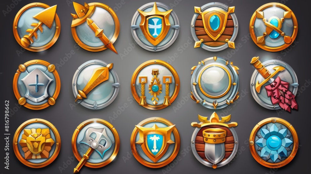 Modern cartoon set of round modern icons with gold borders in medieval style, circle award labels isolated on white background. Modern cartoon set of round modern icons with gold borders in medieval style, circle award labels isolated on white background.