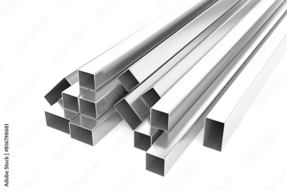 Metal steel products. Steel galvanized. Stainless steel profiles.on white background. 3D rendering. Metal steel products. Steel galvanized. Stainless steel profiles.on white background. 3D rendering.