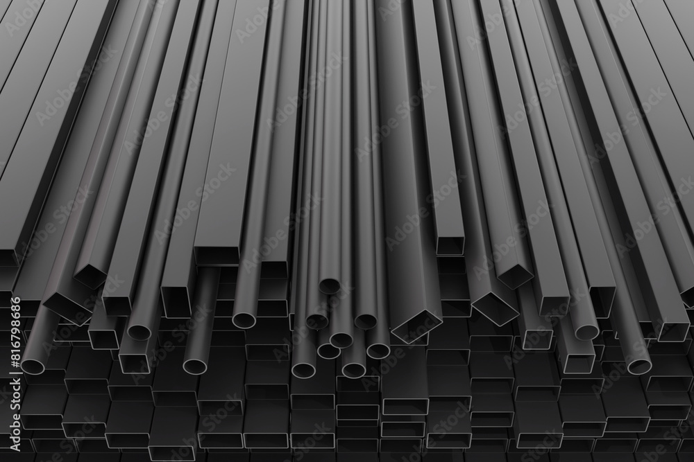 Fototapeta premium Black steel products. Metal steel products. Steel galvanized. Stainless steel profiles. 3D rendering.