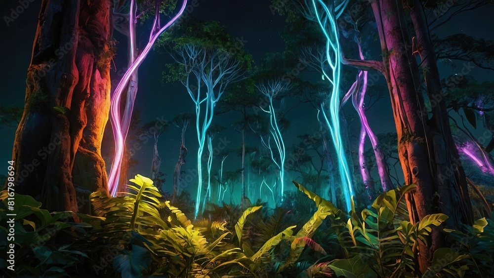 Fototapeta premium A vibrant, futuristic landscape stretched out before the viewer, showcasing lush, otherworldly vegetation in a state of harmonious growth and technology