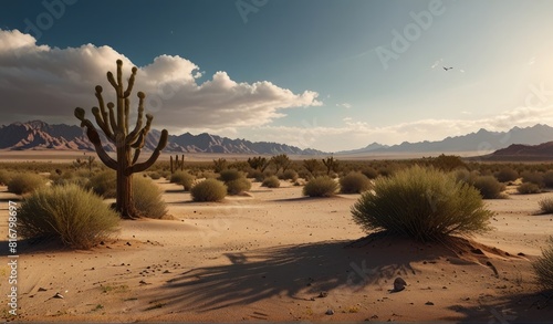 a painting of a desert with mountains and desert in the background