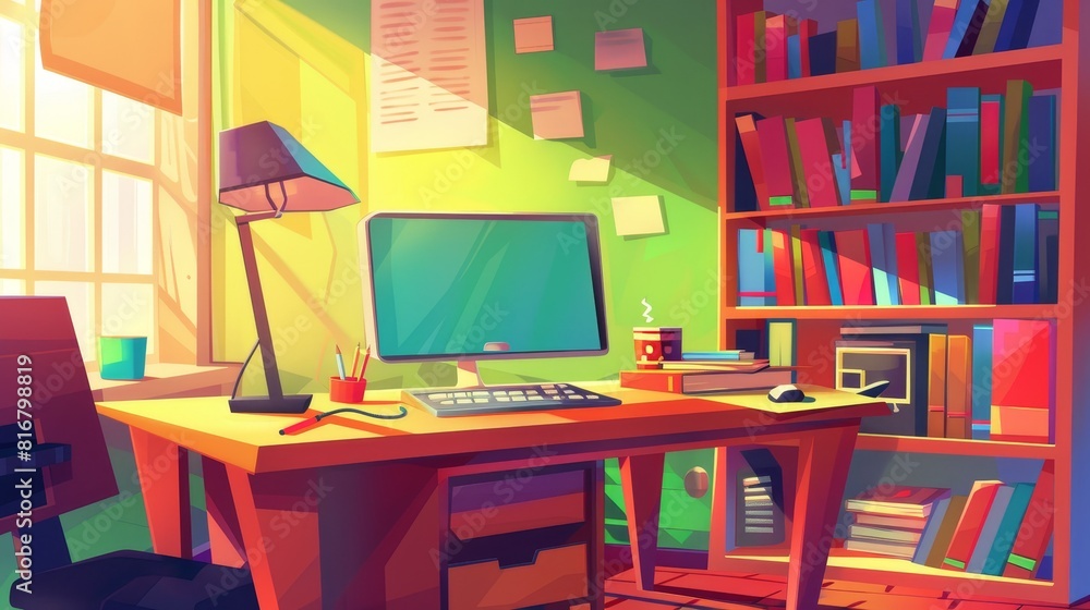 Desk, computer, books on shelf, modern illustration of a home or office workstation with desk, monitor, keyboard, lamp, paper notes and a teacup. Desk, computer, books on shelf, modern illustration of a home or office workstation with desk, monitor, keyboard, lamp, paper notes and a teacup.