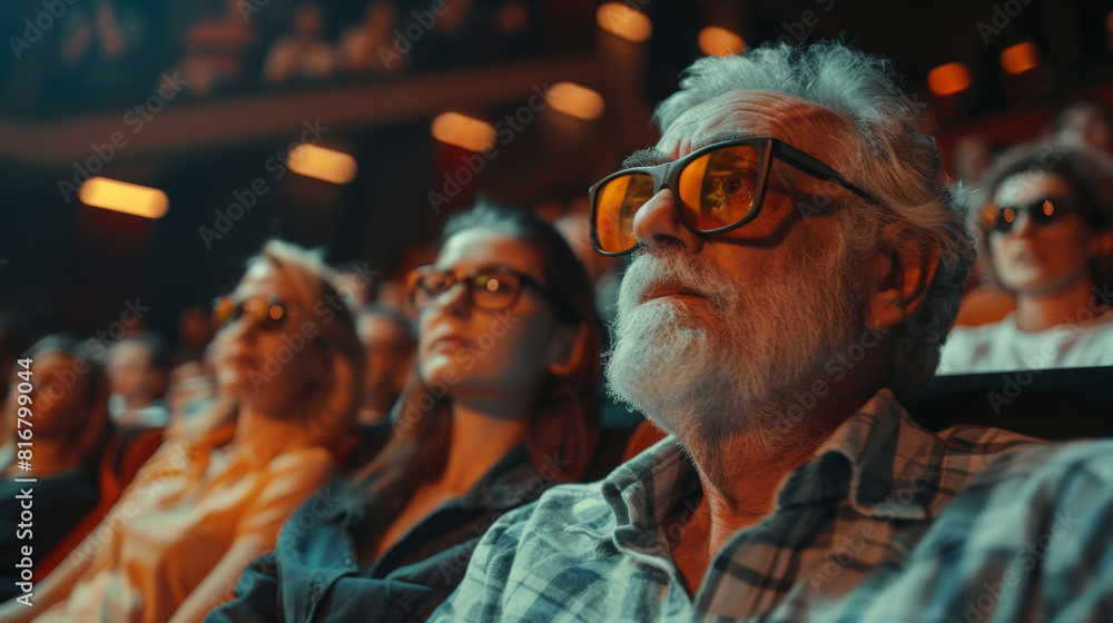 Audience in 3D glasses captivated by movie scene Audience in 3D glasses captivated by movie scene