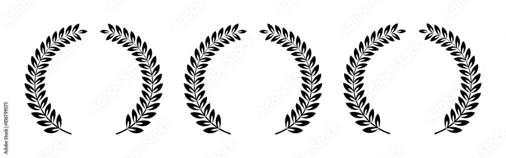 Set of black circular foliate laurels branches. Laurel wreath. Silhouette vintage laurel wreaths collection. Laurel wreath frame vector illustration set in black and white color. Laurel wreath icon. Set of black circular foliate laurels branches. Laurel wreath. Silhouette vintage laurel wreaths collection. Laurel wreath frame vector illustration set in black and white color. Laurel wreath icon.