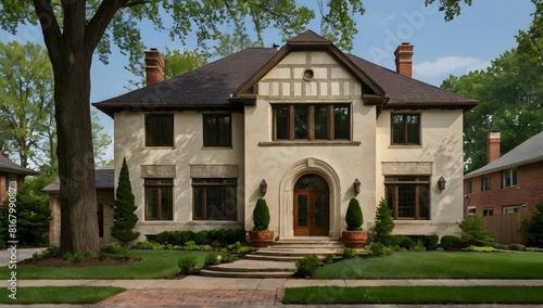 an early 20th century mediterranean style house with center entry in Shaker Heights, Ohio © Hataf