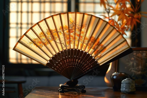 A wooden fan placed on a wooden table. Perfect for home decor or interior design projects