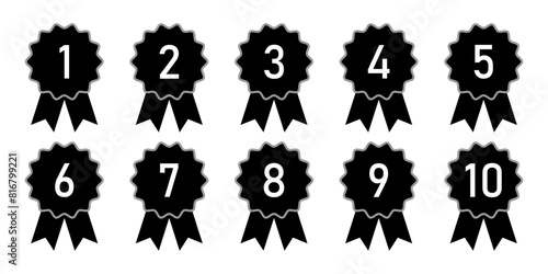 Ranking medal icon set in black color. Award logotype vector set in black color. From 1st place to 10th place. Achievement and award icon set. Vector illustration.