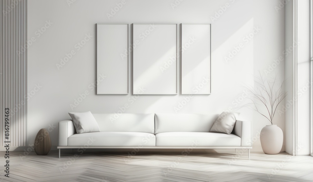Fototapeta premium Frame mockup, ISO A paper size. Living room wall poster mockup. Interior mockup with house background. Modern interior design. 3D render