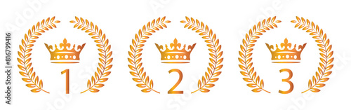 Ranking laurel wreath icon set. From 1st palace to 3rd palace. Laurel wreath crown award winning rank 1,2 and 3 icons. First, second, third ranking laurel wreath vector icon set in gold color.
