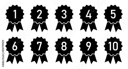Ranking, medal, ribbon vector icon set in black color. Set of 1st place to 10th place ranking medal vector illustration. Set of ranking medal badges, labels. Achievement and award icon set.  