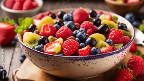 A bowl of fruit salad with strawberries  blueberries  raspberries  kiwi  and melon.