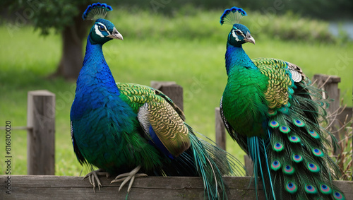 A brightly colored peacock is perched on a wooden fence, with its tail feathers spread out behind it. photo