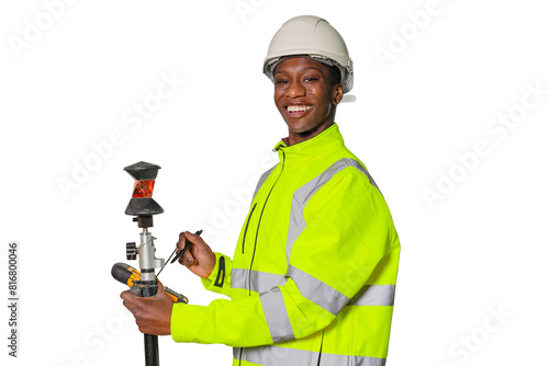 smiling construction site engineer woman in safety equipment on white background.  