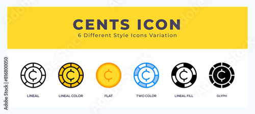 Cents set of icons. Vector illustration with different styles.