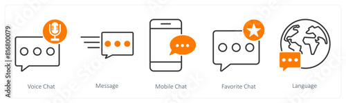 A set of 5 communication icons as video chat, message, mobile chat