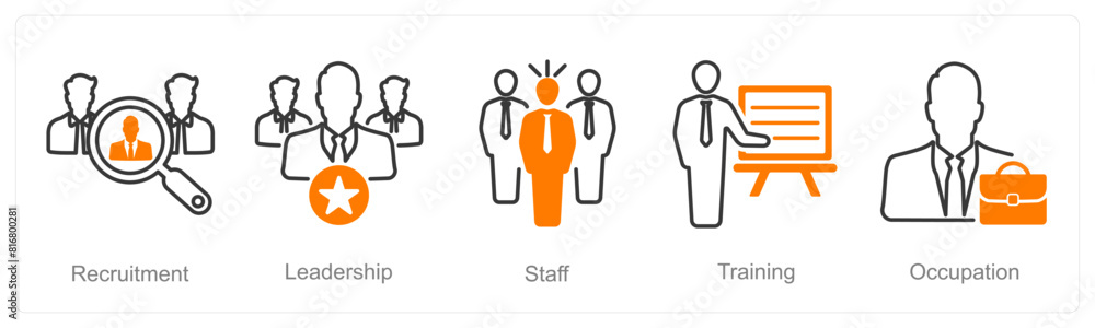 A set of 5 recruitment icons as recruitment, leadership, staff A set of 5 recruitment icons as recruitment, leadership, staff