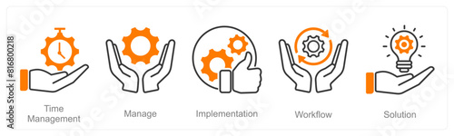A set of 5 Project Management icons as time management, manage, implementation