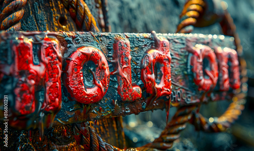 Vintage Rusty Hold On Sign with Bold Red Letters on Old Metal Surface and Rope Detailing in an Abstract Artistic Style photo