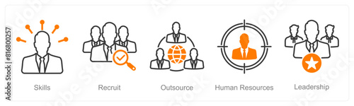 A set of 5 recruitment icons as skills, recruit, outsource