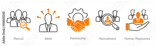 A set of 5 recruitment icons as recruit, skills, partnership, recruitment