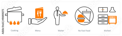 A set of 5 Restaurant icons as cooking, menu, waiter