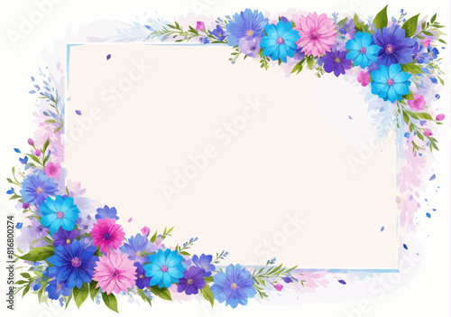 a floral frame with blue and pink flowers