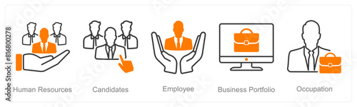 A set of 5 recruitment icons as human resources, candidates, employee photo