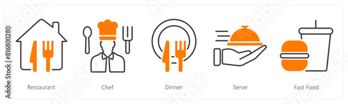 A set of 5 Restaurant icons as restaurant, chef, dinner
