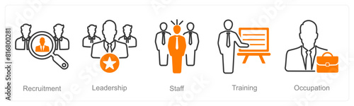 A set of 5 recruitment icons as recruitment, leadership, staff