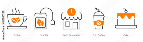A set of 5 Restaurant icons as coffee, tea bag, open reataurant