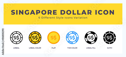 Singapore dollar icon set. outline. glyph black. flat color and filled line color photo