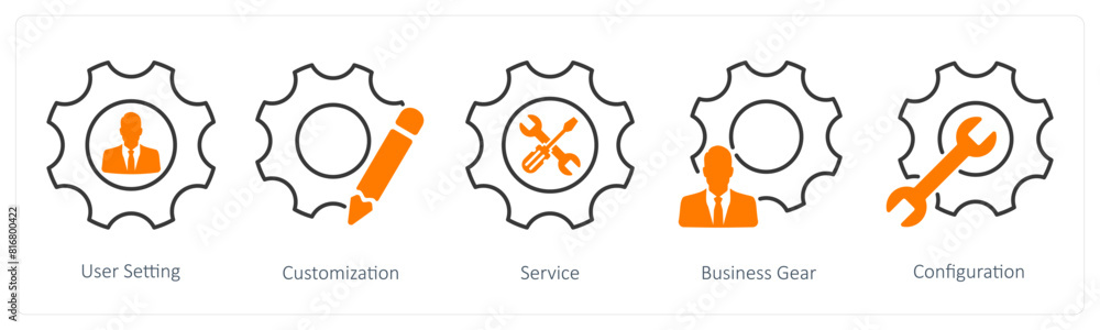 A set of 5 Settings icons as user setting, customization, service A set of 5 Settings icons as user setting, customization, service