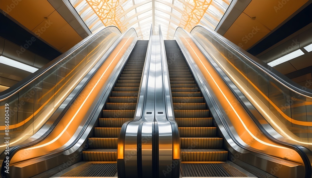 A modern escalator with a geometric, angular design surrounded by orange and white tiled walls and ceiling creating a striking visual effect A modern escalator with a geometric, angular design surrounded by orange and white tiled walls and ceiling creating a striking visual effect