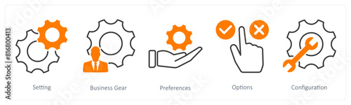 A set of 5 Settings icons as setting, business gear, preferences photo
