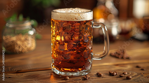 isolated golden yellow color transparent glass alcohol mug with handle, full of beer and foam on a wooden restaurant table 