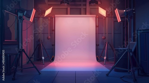 Studio interior with spotlights, white paper background, and glowing floodlights hanging on a tripod in an empty room with professional photo equipment. Modern realistic mockup. photo