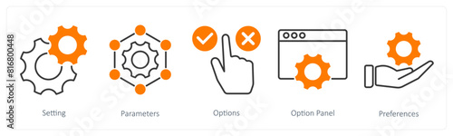 A set of 5 Settings icons as setting, parameters, options