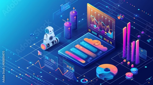 A banner for a keyword research tool with a blue background and a line art graph of data analysis and robot. Modern landing page for the SEO optimization service with a line art graph of data