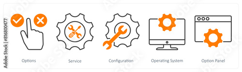 A set of 5 Settings icons as options, service, configuration
