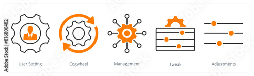 A set of 5 Settings icons as user setting, cogwheel, management