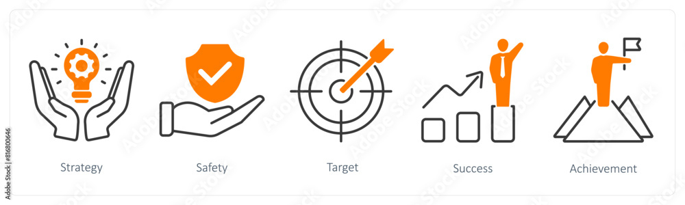 A set of 5 Success icons as strategy, safety, target A set of 5 Success icons as strategy, safety, target