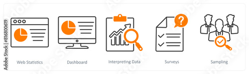 A set of 5 Statistics icons as web statistics, dashboard, interpreting data